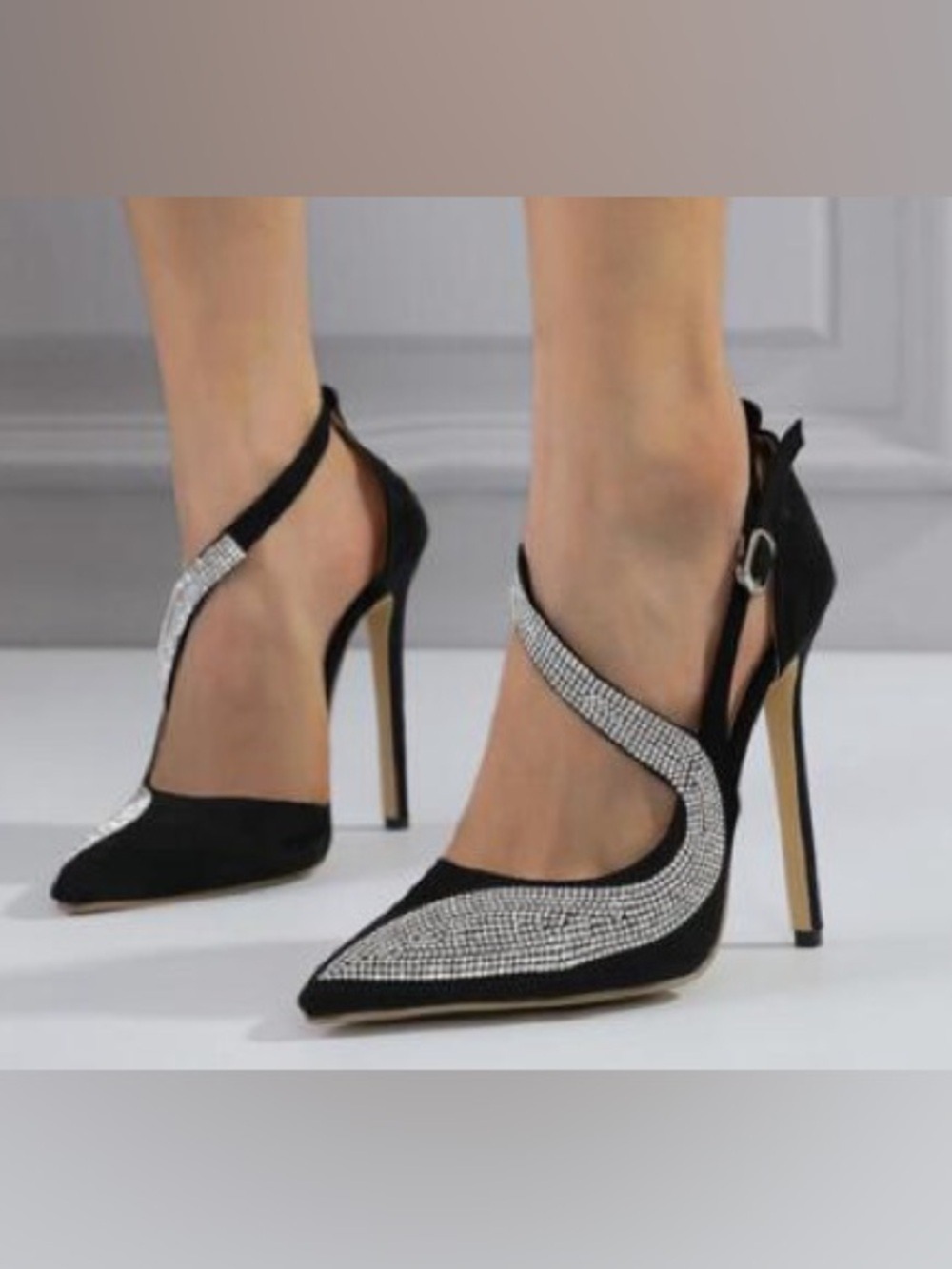 Black velvety velour Rhinestone Crisscross Stiletto Heels Sz 39